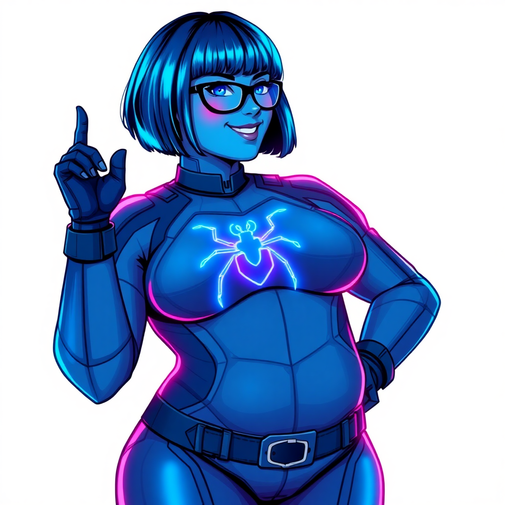 A 28-year-old full-figured computer science major, now transformed into a full-figured, nerdy digital sidekick for her cyberpunk vigilante boyfriend, with maximum blue skin. Her bob cut seamlessly blends with her skin, appearing to merge together as computer data, and her neon blue eyes glow intensely. Her full figure is defined by a prominently round, gargantuan midsection, sequoia-sized limbs, and broad shoulders. As a loyal and supportive sidekick, she plays a crucial role in their missions, using her digital skills to assist and protect.

She wears a digital, computerized maximum blue bodysuit which blends with her hair and skin (appearing to merge together like computer data), all are colored maximum blue. The bodysuit has a neon blue chest icon of a beetle, along with matching high-tech gloves. She bashfully giggles with a neon red blush, emitting neon blue data cubes from her body, set against a solid white background. Heavily pampered by her doting boyfriend, her full figure (especially her prominently round gargantuan midsection) clearly shows this care. She has the ability to hack into computers and machines, and her nerdiness is blatantly obvious with her black oversized eyeglasses. Her full figure (especially her prominently round gargantuan midsection) is prominently displayed and heavily emphasized. Her outfit is influenced by DC’s Jennifer Knight Phantom Lady but remains distinct. She is drawn as if she was in a retro 2D cyberpunk fighting game. Ensure she is distinct from Inside Out's Sadness, The Power of Surge's Debra, and any other character. Ensure her midsection is round. Her proportions are bloated to emphasize her full figure.