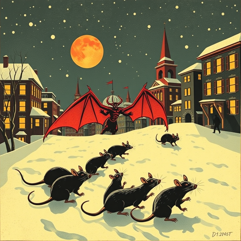 Demon rats invading Boston, Satan, blizzard, Chinese woodcut