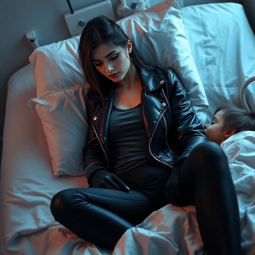 A beautiful bad girl in black leather jacket over black t-shirt with black pants and gloves visits her sick little daughter lying in bed.