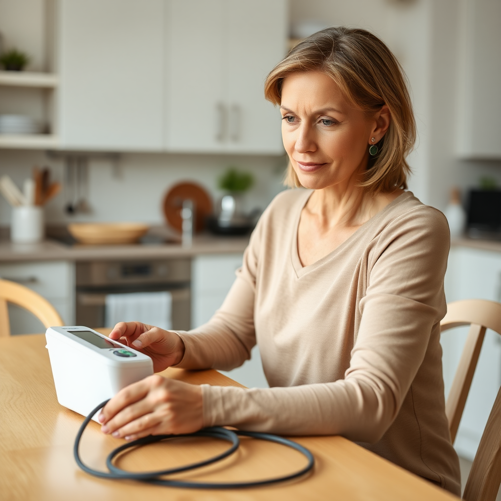 A middle aged Caucasian woman sitting at her kitchen table checking her blood pressure with a cuff BP machine. Her home is clean and uncluttered and minimalist.