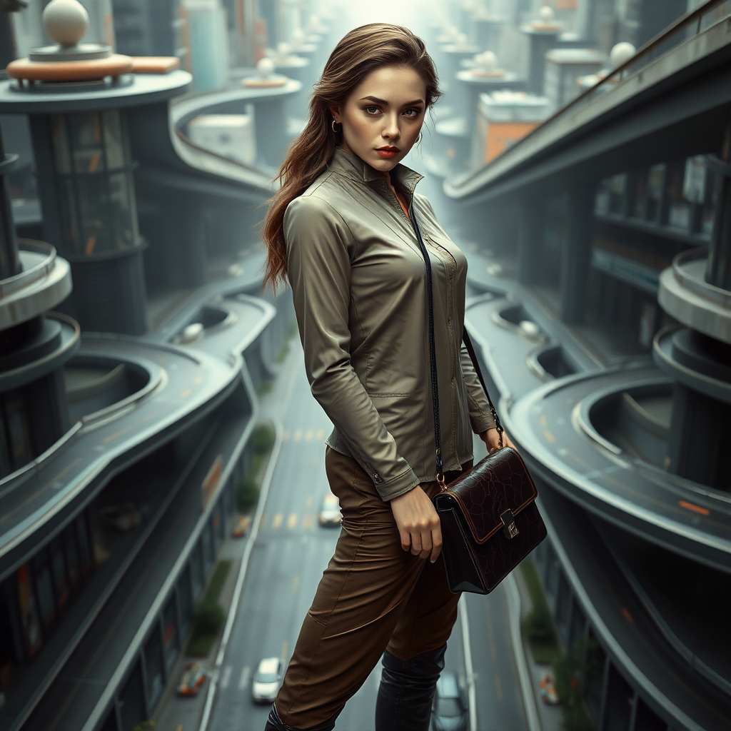 A full body shot of a pretty twenty-something female with a face resembling (Ana de Armas). Elegant futuristic clothing, a maze of interconnecting roads and buildings, high heel ankle boots, collar, purse and jewelry. Hyper-realistic, Photorealistic digital matte painting, soft focus, film grain, lens flare. Gritty, dirty, scuffed.