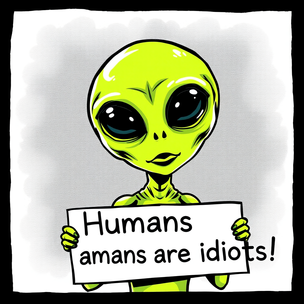 An alien holds a sign that says "Humans are idiots."