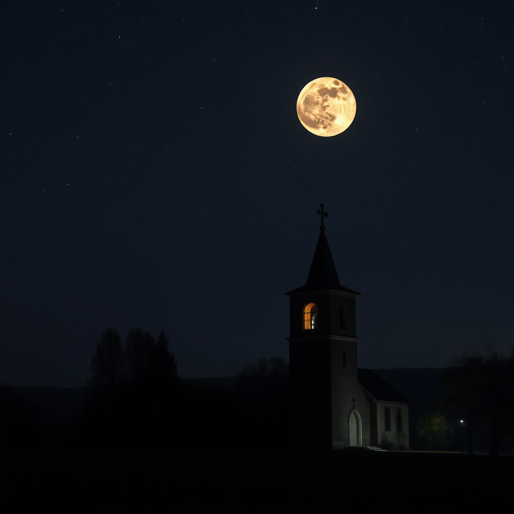 a country with a church next to a square tower without a tip and cross, with lights, a large moon in a very starry, semi-dark sky