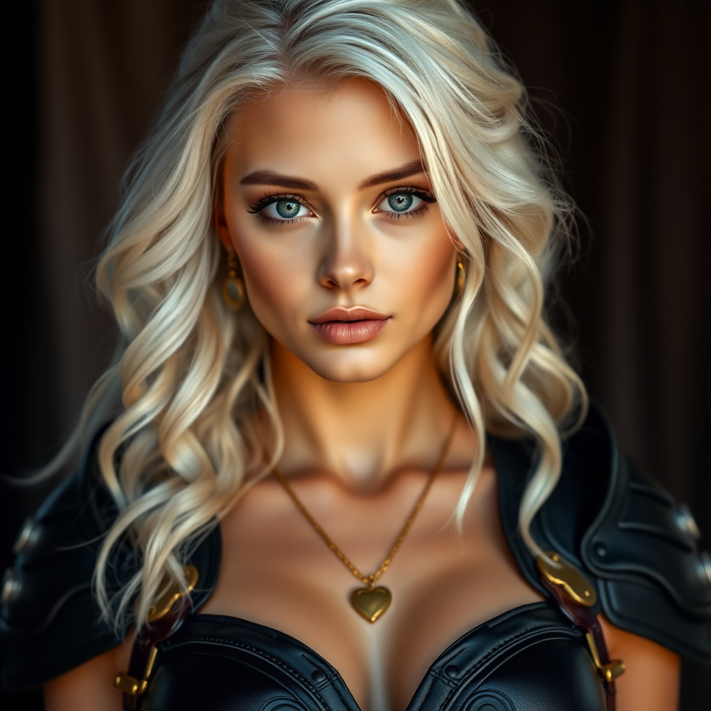 Portrait of a beautiful young woman with long wavy platinum blonde hair, green eyes, a suntan, light brown eyebrows, and large breasts. She is wearing black leather armor and a gold necklace with a small heart pendant.