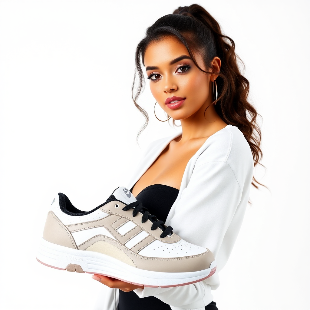 a beautiful woman posing for a sports shoes brand in a studio, white background.