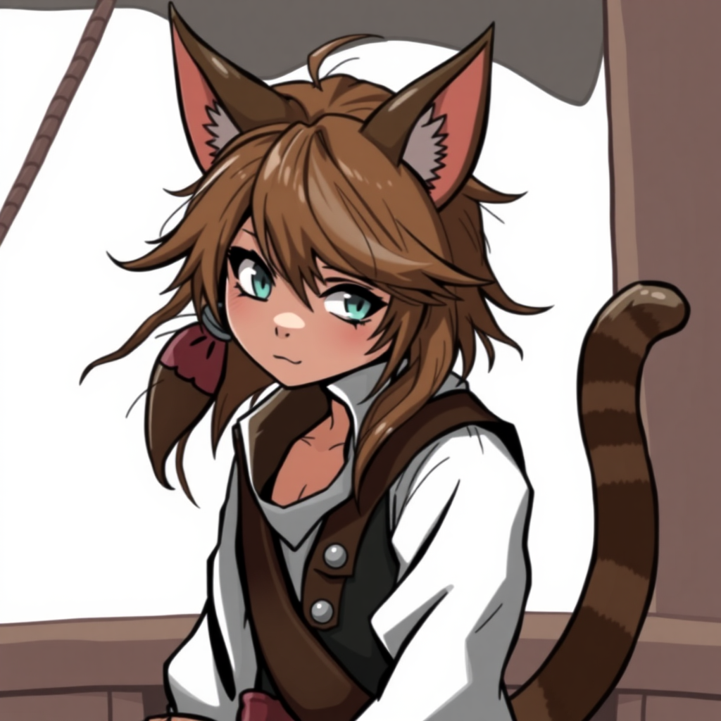 A teenage pirate with tousled brown hair, cat ears, and an animated cat tail.