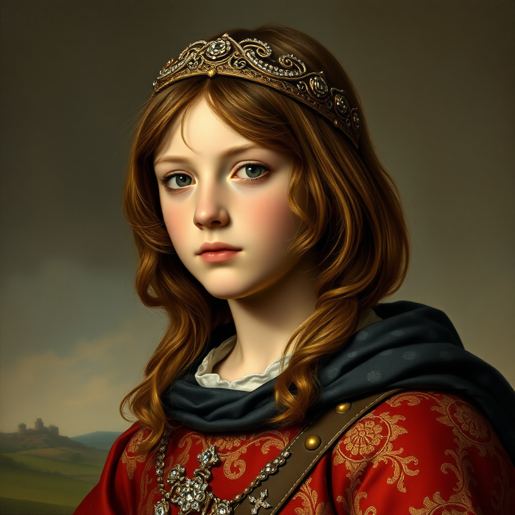 16yo teen boy prince, long bob cut, embroidered with gold and diamonds medieval cloths, diamond diadem, natural Skin Texture, and Beautiful War. Free style by 20% Adolphe William Bouguereau, Academic realism and 20% Sandro Botticelli, early Renaissance and 60% Otto Lomüller, Boy Scout photorealism. The background is in the style of landscape style by Antonio del Polaiolo, Generating the signature at the bottom: Viva FLUX and Rombach, ultra high resolution, 16K,