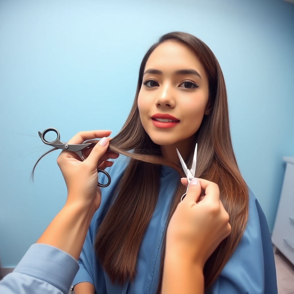 POV, A beautiful woman sitting in a hair salon wearing a blue salon cape, looking at the camera. Her very long hair meticulously fanned out. I'm grabbing a lock of her hair with one hand and prepare to cut it with scissors held in the other hand. Plain light blue background.