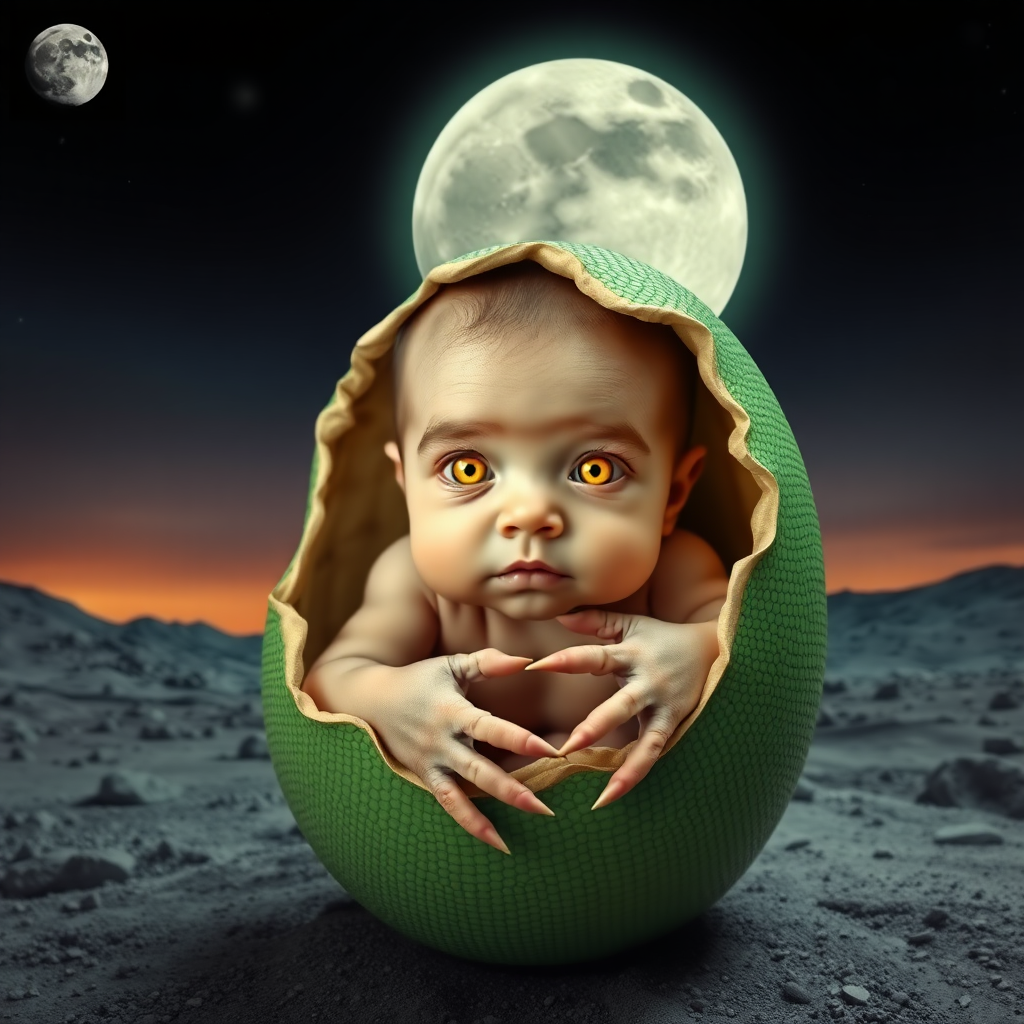 Create a photorealistic mix picture in Salvador Dali style. With a fresh newborn human baby hatching from what looks like a green reptile egg. Baby looks straight into the camera. Baby has extreme light yellow "alien" pupils. The baby has reptile hands with claws. Scene: moon landscape.