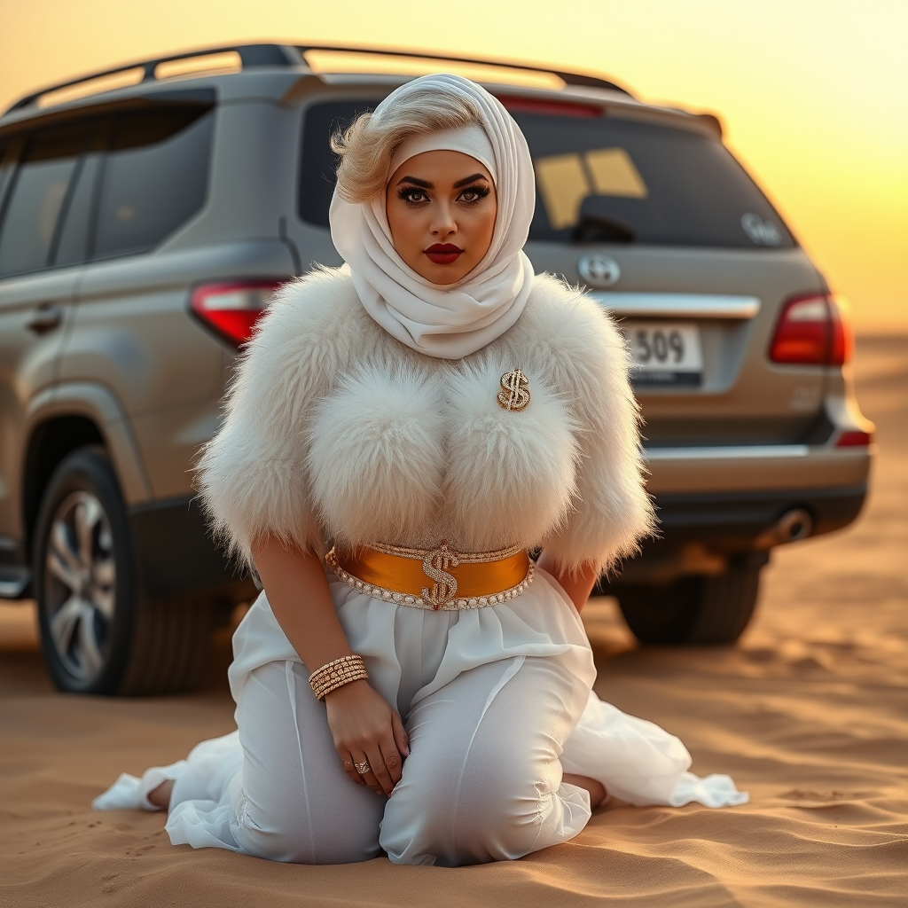 Kuwait desert dunes misty dawn, full size luxury SUV: Melissa, European 17 years old very convincing femboy “trophy-bimbo”, tamed servile docile, very beautiful feminine flawless face, rather short, by hormones very curvaceous womanly figured, platinum blond short tight curls, bold red lips, heavily made-up face, wearing Supertanya-style fluffy very fuzzy bright white angora turtleneck-poncho cropped ending under bust decorated with pearls and gemstones, striking oriental wide gold bridal protection belt, white fully transparent harem pants, full Oriental bridal jewelry, face covered by white transparent full Burka, coin anklets, striking diamond “$$$” letter brooch on left chest, pout frustrated, hands tied behind back, kneeling in sand in front of SUV, looking at camera. Focus on face and turtleneck-poncho.