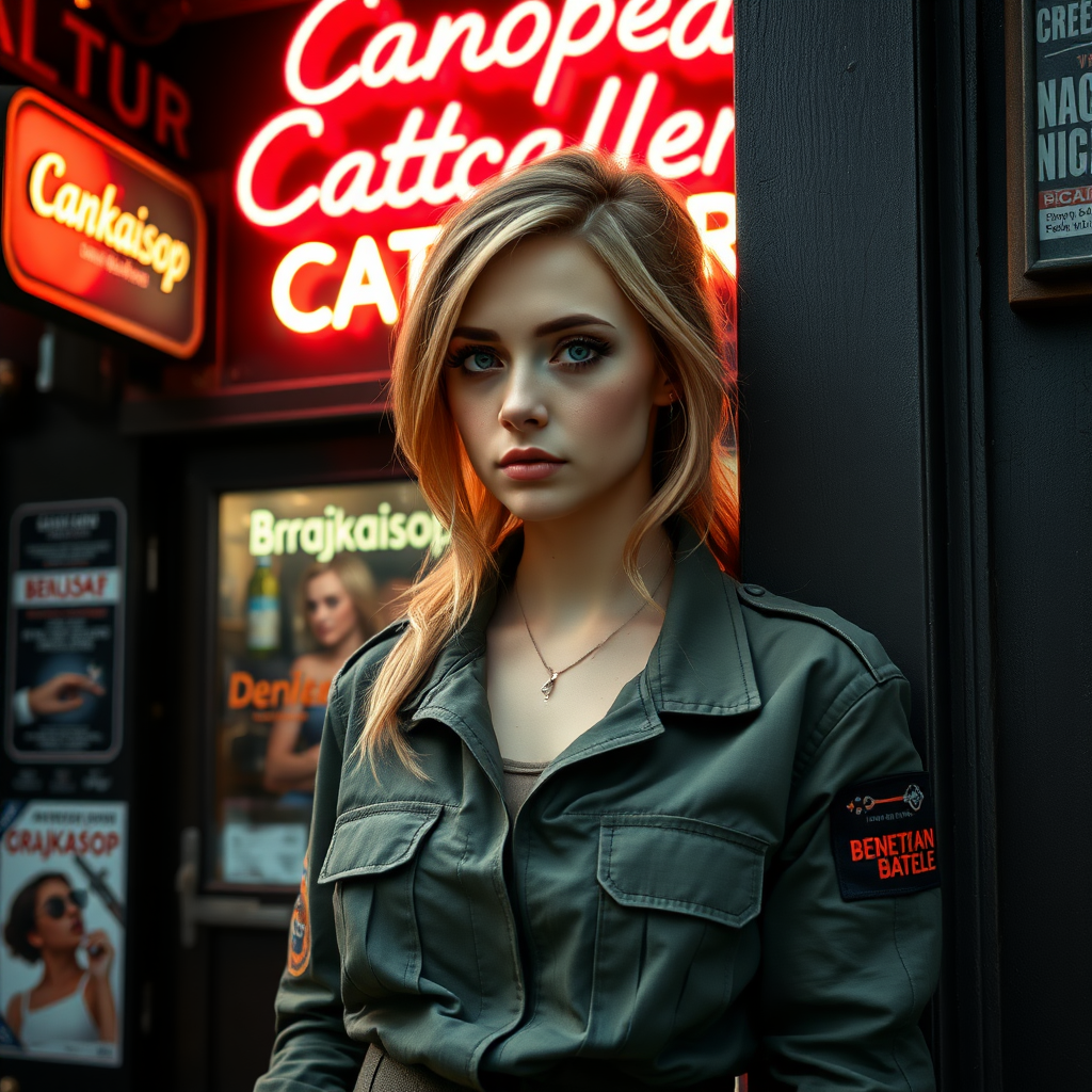 A twenty-something girl resembling Ana de Armas, strawberry blonde hair, small chest, pale skin, freckles, eyeshadow like Avril Lavigne. Wearing a military flightsuit with "Benaenae" on the pocket. Leaning against the wall in front of a bar in a science fiction city. Neon sign with the words "Canopean Catcaller" above the door. Advertisement for something called "Brajkaisop".