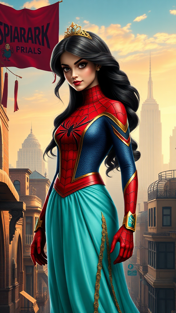 Generate a full-length rendered image of a hybrid character combining Princess Jasmine’s head and hair on a Spider-Man body. Retain Jasmine’s costume, adjusting it to fit Spider-Man’s proportions. Design the background by merging elements from Agrabah's vibrant markets and New York City's urban skyline, creating a seamless blend of both worlds. Capture the essence of both characters in a dynamic and visually striking composition.