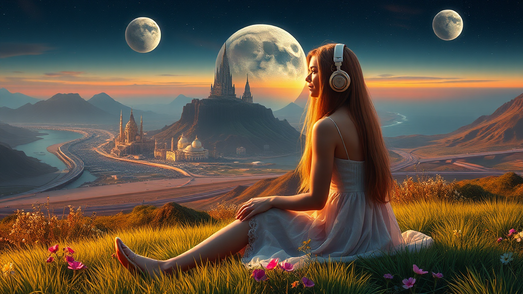 pretty woman long hair, pretty dress, sit on the grass with flowers, with headphone, alien planet, aliens buildings, with nice greenery flowers and rivers, beach, nice sunset, highways and streets, ultra realistic view high detail