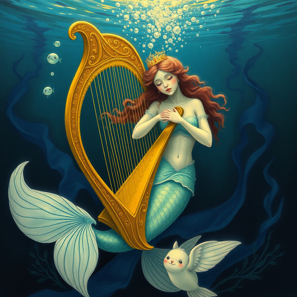 Mermaid with harp under water