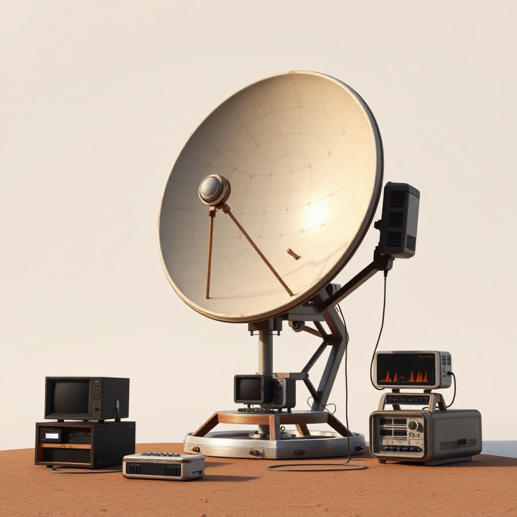 a full shot image of a high tech rustic vintage satellite dish on a stand connected to some devices, 3d render, concept art