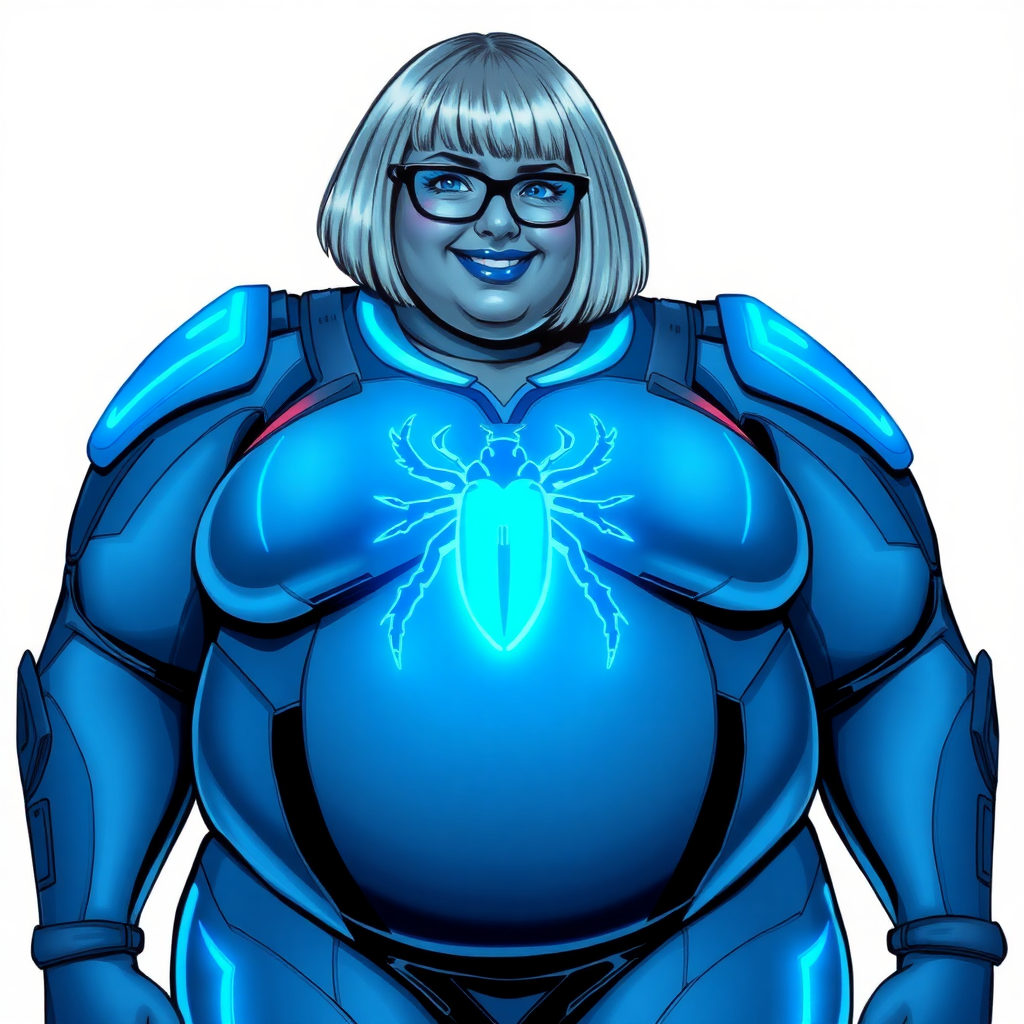 A 28-year-old, full-figured, middle gray metal skinned computer program-human hybrid with a maximum blue bob cut. She is the digital sidekick, computer hacker, and nerdy girlfriend of her cyberpunk vigilante boyfriend. Her middle gray metallic skin, distinct from any other character, highlights her digital nature. She wears maximum blue lipstick and has bright blue eyes. Her outfit includes a maximum blue full bodysuit with neon blue glowing beetle-themed accents completed by a neon blue glowing chest icon of a beetle. Black eyeglasses accentuate her nerdiness, and she has a lovestruck smile with neon red blush. Her full figure, including a prominent, gargantuan, round midsection (with full emphasis on the belly), thick limbs, and broad shoulders, reflects the doting care of her vigilante boyfriend. The background is solid white. She is drawn as if she was in a retro 2D cyberpunk fighting game. Ensure her bodysuit covers all her bare skin (especially her gargantuan midsection). Her bodysuit is influenced by DC's superheroine Jennifer Knight Phantom Lady but remains distinct.