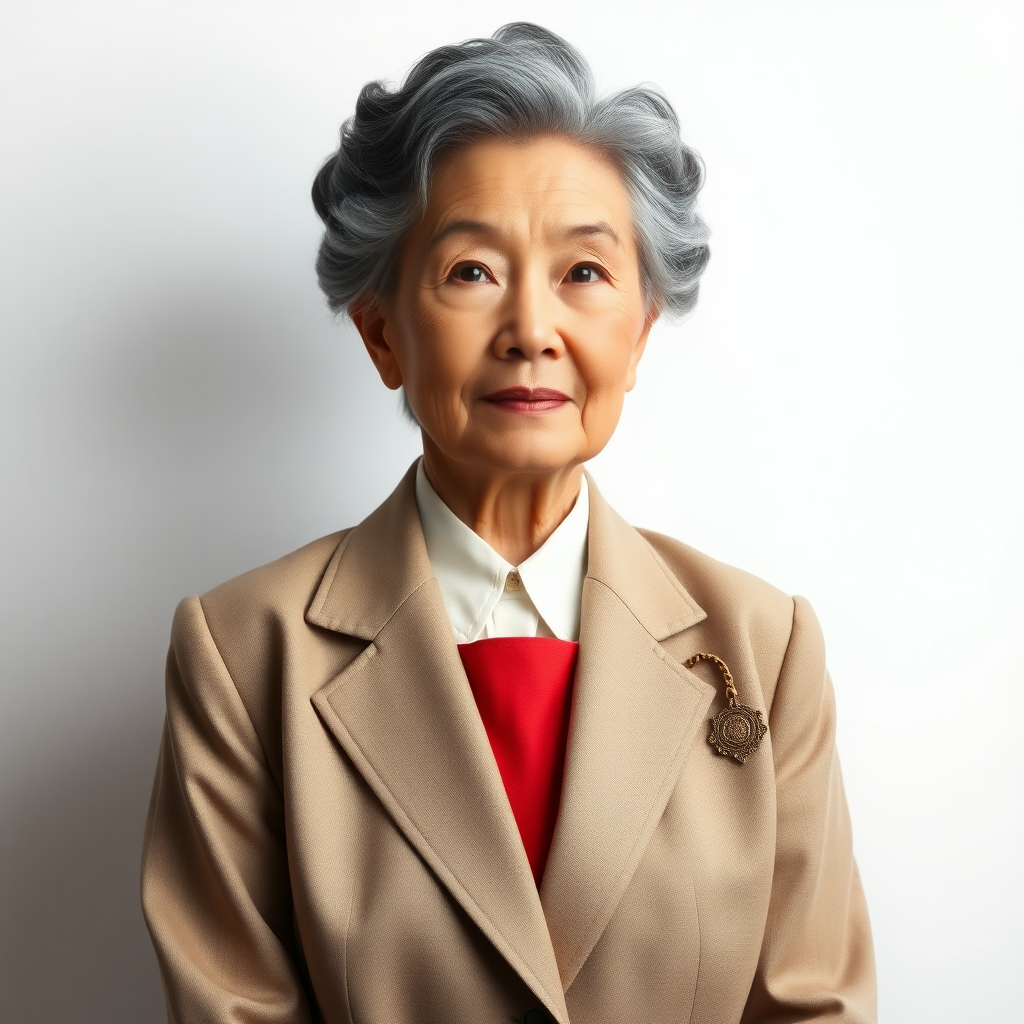 80 age old korean woman, front, woman suit, photo studio background,