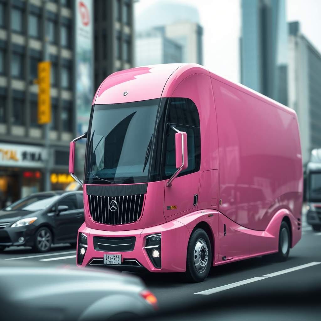 A photo of a futuristic Maybach truck in Tokyo traffic. The truck is a bright pink color and has a unique, elongated design with a large window. The background is blurred and contains other vehicles and buildings. The photo has a bokeh effect.