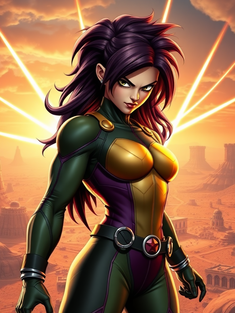 Generate a hyper-realistic image of the Marvel Comics character Rogue, retaining her original head. Modify her body to have the muscular physique of Vegeta from Dragon Ball, reflecting his anatomy while keeping Rogue's facial features and hair. Place her in a dynamic pose that showcases her powers. The background should merge elements from both the Marvel Universe and Dragon Ball, featuring a vibrant, action-packed setting that complements both characters, such as a deserted cityscape with energy blasts in the sky. Aim for a visually striking and detailed portrayal, capturing the essence of both characters.