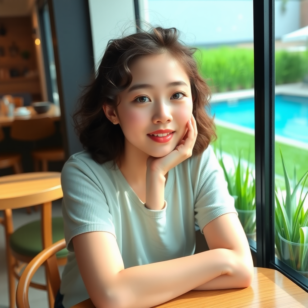 A beautiful young 18-year-old Xiaohongshu blogger, with fair skin, big eyes, curly hair, an oval face, and very slim, sitting in a café, leaning on the table, with green grass and a swimming pool outside the window.