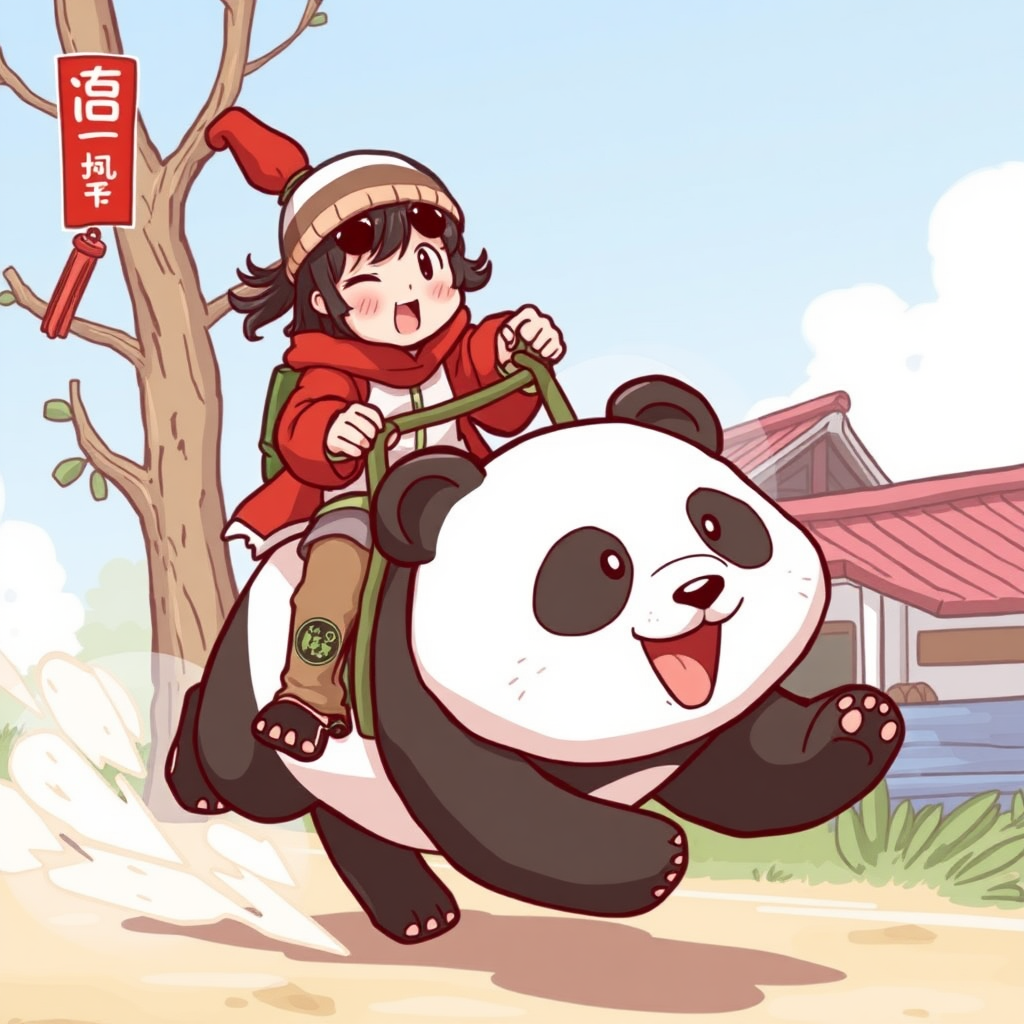 Chiyou rides a panda and runs.