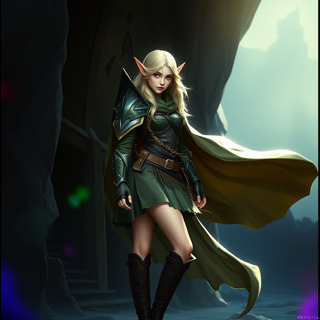 A twenty-something elf girl like (Deedlit from Record of Lodoss war), a character come to life. wide triangular shoulder pads, flowing cloak, leather armor, skirt, high heel ankle boots. Photorealistic digital matte painting, highly detailed, film grain, lens flare, chromatic aberration.