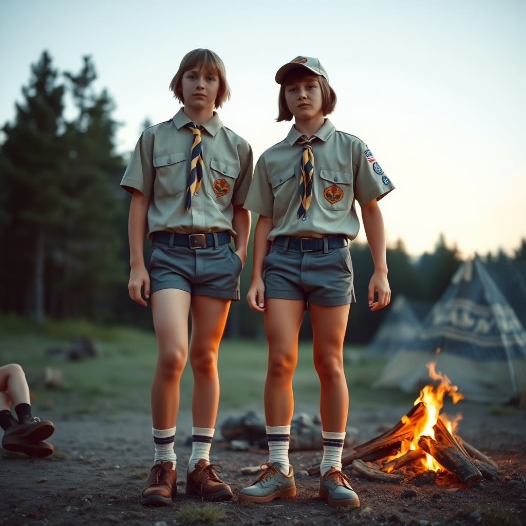 two tall 14yo teen boys, long bob cut, wearing American boy scout uniform with uniform matching very tight booty shorts, tube socks, shoes, cap, long legs, narrow thighs. a campfire. full-length view. 1980s. photorealistic, ultra high resolution, 16K, Negative: grainy, blurry, bad anatomy, extra limbs, watermark.