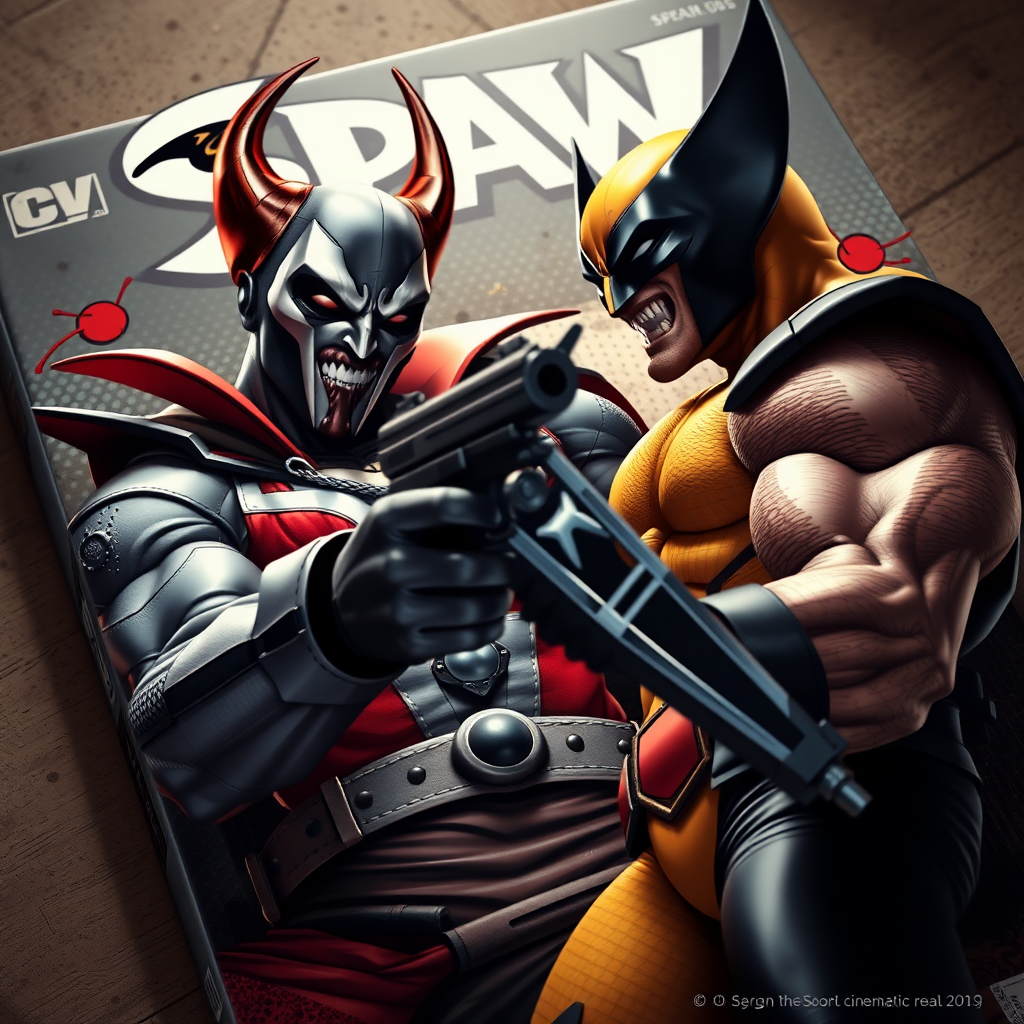 On a comic book cover is Spawn holding a gun Vs Wolverine in Cinematic Real3d photo-realistic quality.