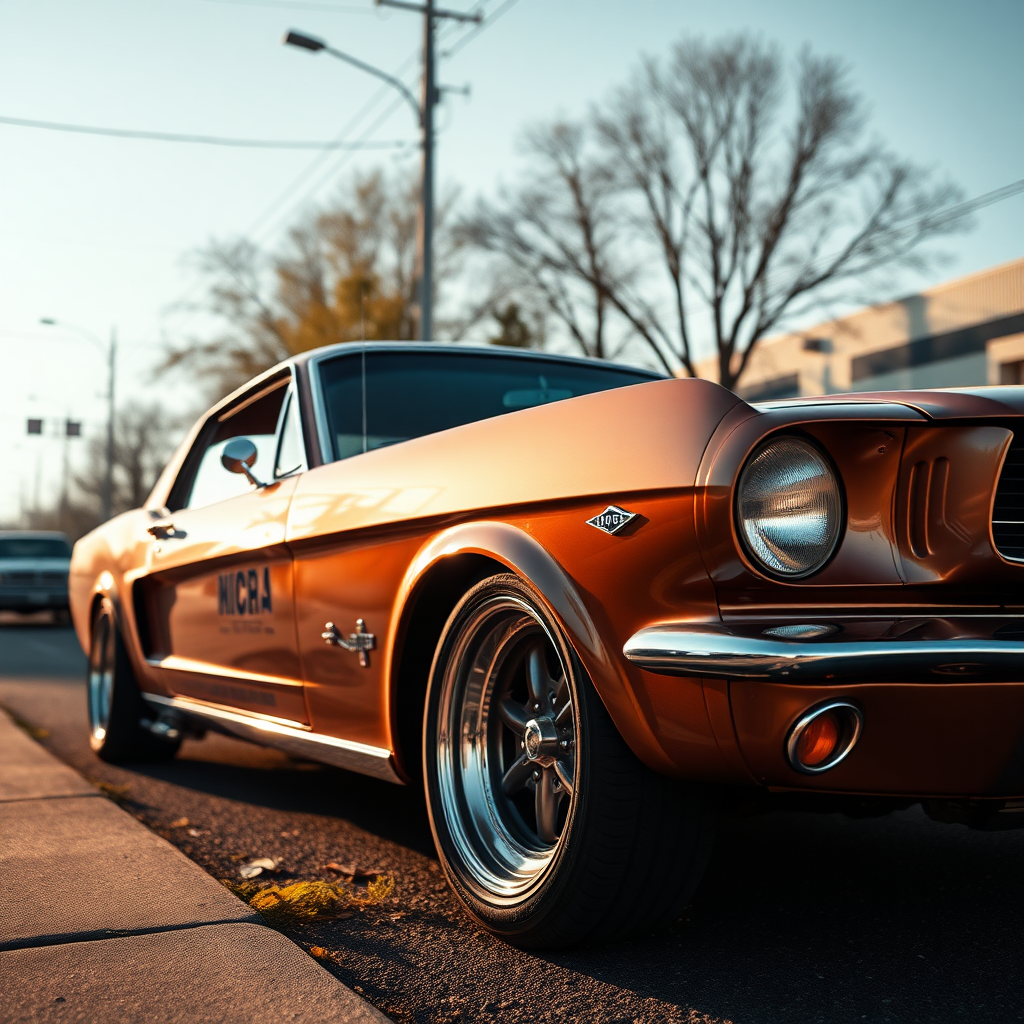 the car is parked on the side of the road, inspired by Taiyō Matsumoto, tumblr, restomod, nd4, c4 metallic shine classic american low rider ford mustang