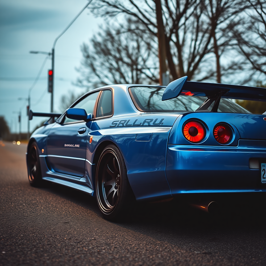 the car is parked on the side of the road, inspired by Taiyō Matsumoto, tumblr, restomod, nd4, c4 metallic shine nissan skyline r34