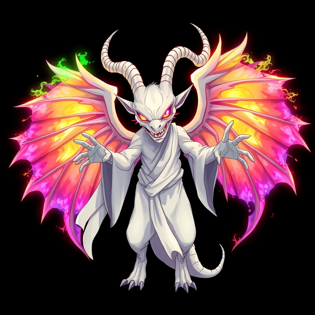 (Anime-styled art), image set against a black background features a tall, white wrathful angry reptilian humanoid resembling a goat, adorned with two elegant white horns. Its mesmerizing rainbow eyes shine with intensity, while it wears flowing white robes. A vibrant, chaotic aura radiates around its entire form, and it stands with outstretched hands, showcasing three magnificent rainbow-hued angelic wings that embody a sense of chaos and beauty, looking at viewer