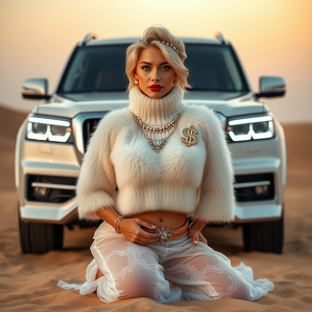 Kuwait desert dunes misty dawn, full size luxury SUV: Melissa, European 17 years old very convincing femboy “trophy-bimbo”, tamed servile docile, very beautiful feminine flawless face, rather short, by hormones very curvaceous womanly figured, platinum blond short tight curls, bold red lips, heavily made-up face, wearing Supertanya-style fluffy very fuzzy bright white angora turtleneck-poncho cropped ending under bust decorated with pearls and gemstones, striking oriental wide gold bridal protection belt, white fully transparent harem pants, full Oriental bridal jewelry including headpiece, nose-ring, coin anklets, striking diamond “$$$” letter brooch on left chest, pout frustrated, hands tied behind back, kneeling in sand in front of SUV, looking at camera. Focus on face and turtleneck-poncho.