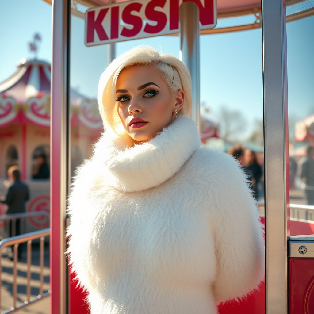 Amusement park “kissing booth”, sunny spring Sunday morning. Sam, 19 years old beautiful involuntary femboy, rebellious intractable character, petite boyish figure, platinum blond boyish rebel punk hairstyle, flawless heavily made-up face with sharp arched tattooed eyebrows, wearing Supertanya-style fluffy very fuzzy bright white angora thigh-length turtleneck-poncho fully covering body and arms, silver-glitter leggings, black leather high-heeled pumps, silver earrings, both hands tied to pole behind back, standing inside kissing booth, waiting for next customer to kiss. Focus on Sam’s face and turtleneck-poncho.