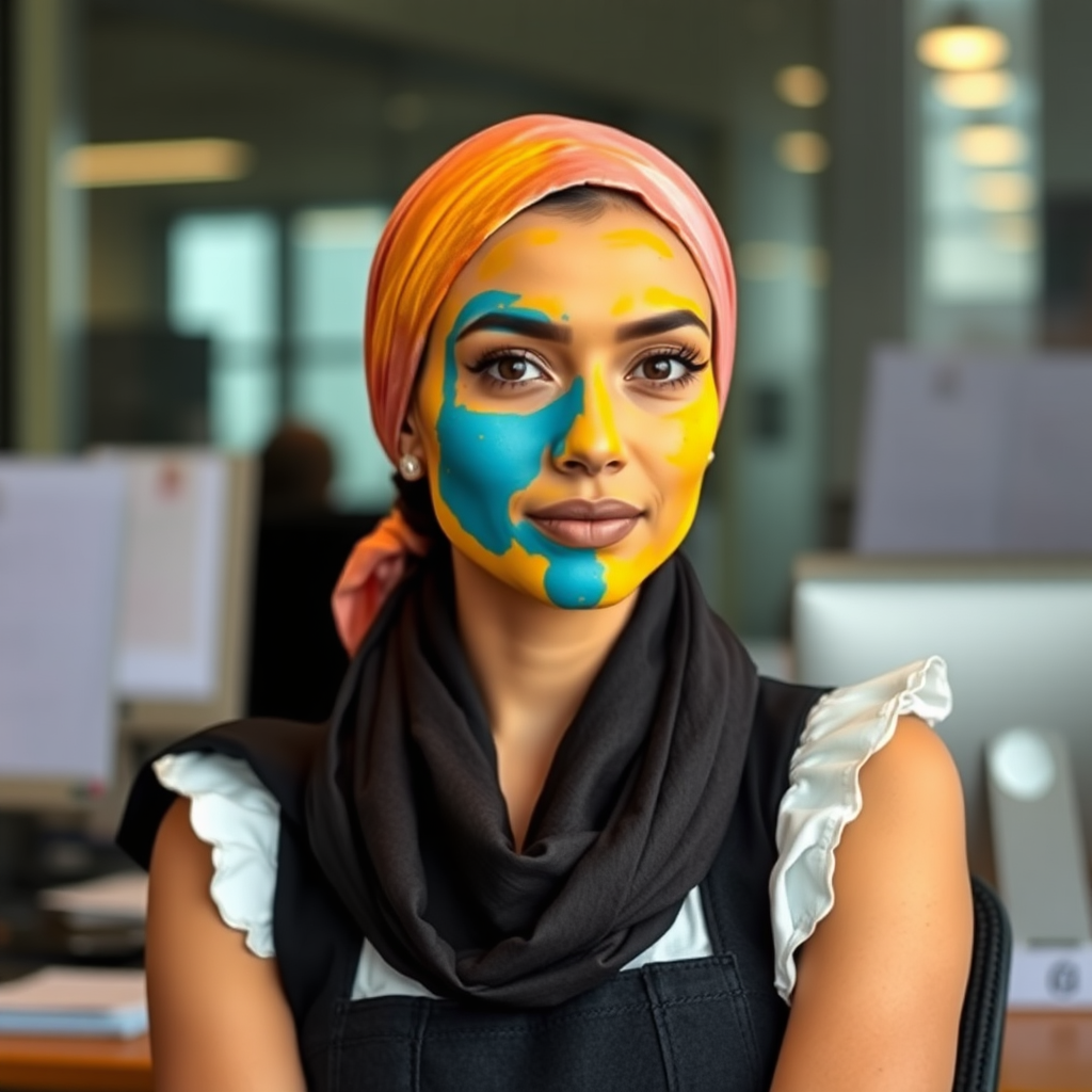 slim, modern, french maid, scarf head, turmeric paste on face, working in office