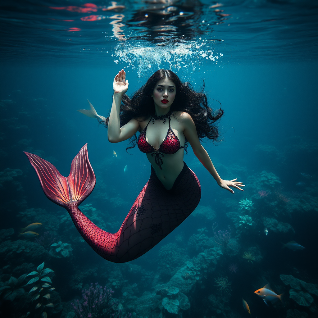 Vampirella floating underwater as a very sexy mermaid. The sea is deep and mysterious and filled with a myriad of ocean life plants, fish, and other aquatic life. Her glamor brought to real life in high definition DSLR