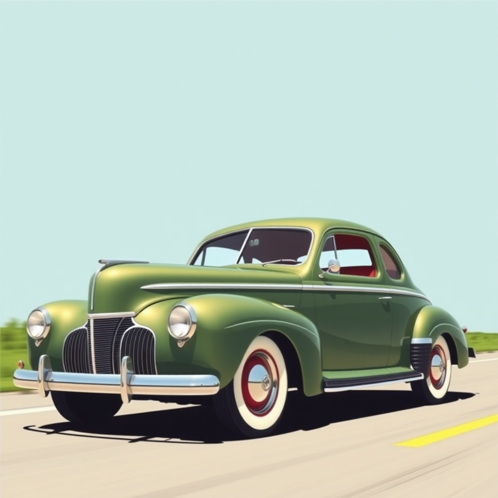 A classic 1940s American coupe, rendered in first colored magazines illustration style, [a timeless design with sleek lines and a vintage aesthetic], [captured with a focus on detail and a sense of motion, as if the car is cruising down a highway], car on the right part to left some space to text in future (around 1/3 all size), illustration