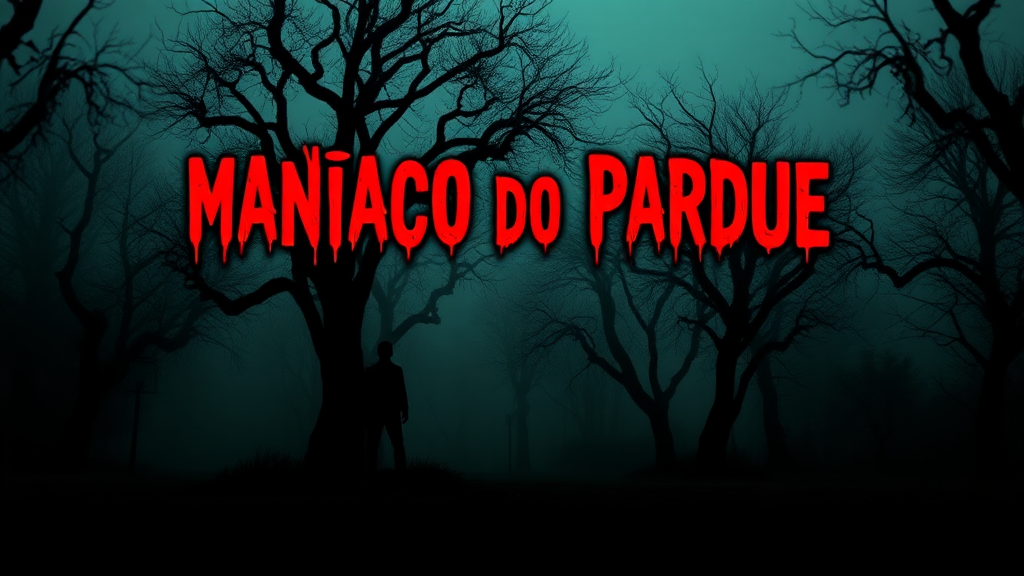 Create a YouTube thumbnail (1024x576) featuring a dark, foggy park scene. In the foreground, a shadowy figure lurks among twisted trees, creating a sense of dread. Use a gradient background of deep greens and blacks to enhance the eerie atmosphere. Place the title 'Maníaco do Parque' prominently at the top in a bold, horror-style font with a blood-red outline for emphasis. Add subtle textures like cracks or shadows to create depth, ensuring the overall design conveys a sense of psychological horror.