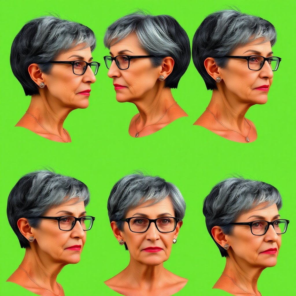 Photorealistic image of six headshots of a 55 Years old, European, Latina, sharp aquiline nose, wrinkles, high cheekbones, Middle Eastern, Skinny, Tanned skin, Dark light skin, full Makeup, jewelry, Sharp nose, frowning, ecstatic face, dark grey Ash hair, short bowl haircut, Brown eye color, Glasses, with detailed features. Each photo displays the same face in profile and front view, cut out and isolated on a green background. All six heads are visible side by side, empty space around each view, no overlapping.