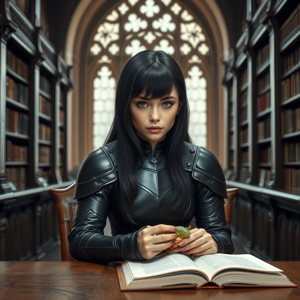 beautiful young woman, dark hair past her shoulders, blue eyes, small, slim figure, wearing full leather armor suit, sitting, sandwich on table, reading a book, in a grand old library.