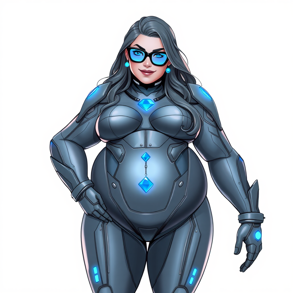 A 29-year-old computer science major, she is the devoted girlfriend of a vigilante and serves as his dotingly pampered, full-figured, nerdy, Middle Gray (N5) metallic digital sidekick. She has become a Computer Program hybrid, with a unique, metallic Middle Gray (N5) skin color that blends with her suit and hair, appearing to merge together as computer data. Her long hair, suit, and skin are all the same metallic Middle Gray (N5) all blending together to appear to merge as computer data. Her neon blue eyes are mesmerizing. Her full figure, especially her prominent, round, gargantuan midsection, shows just how heavily fed and pampered she is, with sequoia-sized limbs and broad shoulders. Her midsection is bloated to emphasize the figure she gained from her pampering.

As a loyal and supportive sidekick, she plays a crucial role in their missions, using her digital prowess to assist and protect. She wears a blue sapphire scarab necklace and blue sapphire earrings, which she received as symbols of their love before his 5-year disappearance. Her digital bodysuit, also the same metallic Middle Gray (N5), blending with her skin and hair (appearing to merge together like computer data). She is equipped with high-tech features, including holographic displays and integrated hacking tools. She has matching high-tech gloves. She emits neon blue data cubes from her body, set against a solid white background.

Heavily, attentively, and immensely pampered through being well-fed since their reunion, her full figure clearly shows the extent of care she has received. Despite her digital enhancements, she retains her human vulnerabilities, including hunger and sleep, and is not immune to human weaknesses. She has the ability to hack into computers and machines, and her nerdiness is blatantly obvious with her black oversized eyeglasses. Her full figure, especially her gargantuan midsection, is prominently displayed and heavily emphasized. Her outfit, influenced by DC’s Jennifer Knight Phantom Lady, remains distinct.

Despite her boyfriend’s limited resources, she assists in the war on crime by serving as a minicomputer, traveling in a high-tech wristwatch and supercar’s computer system. Using her hacking abilities, she relays crucial knowledge related to missions. She has a beaming smile. She is drawn as if she was in a retro 2D cyberpunk fighting game. Her love for him means she lets her love dotingly pamper her (In fact after the first day, she never wants to go back to her life before their 5-year reunion).