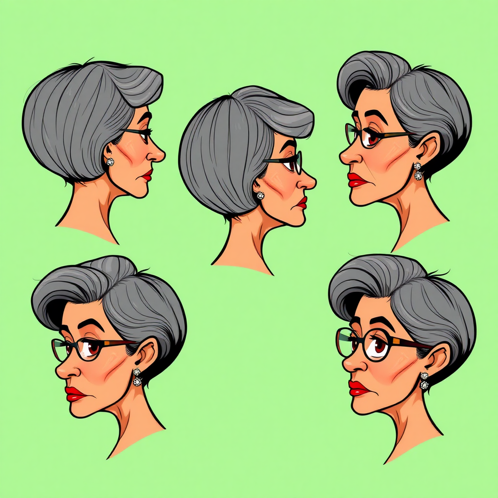 image of six headshots of a 50 Years old, gorgeous, fit, European, Latina, sharp aquiline nose, wrinkles, high cheekbones, Middle Eastern, Skinny, Tanned skin, Dark light skin, full Makeup, jewelry, Sharp nose, frowning, exaggerated cartoon emotions, lascive, drinking at a bottle, dark grey Ash hair, short bowl haircut, Brown eye color, half closed eyes, round Glasses, with detailed features. Each photo displays the same face in back, profile and front view, cut out and isolated on a green background. All six heads are visible side by side, empty space around each view, no overlapping. 2D, caricature, cartoon, Sketch lines, coloring book style, well composed, clean coloring book page, No dither, no gradient, strong outline, vector illustration