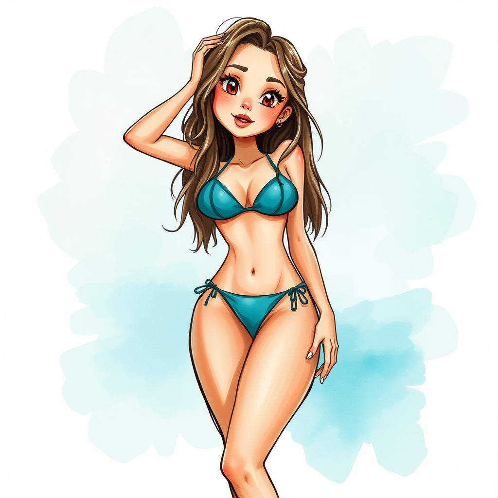 digital watercolor painting illustration with realistic paper texture, depicting sexy cartoon girl in see thru bikini