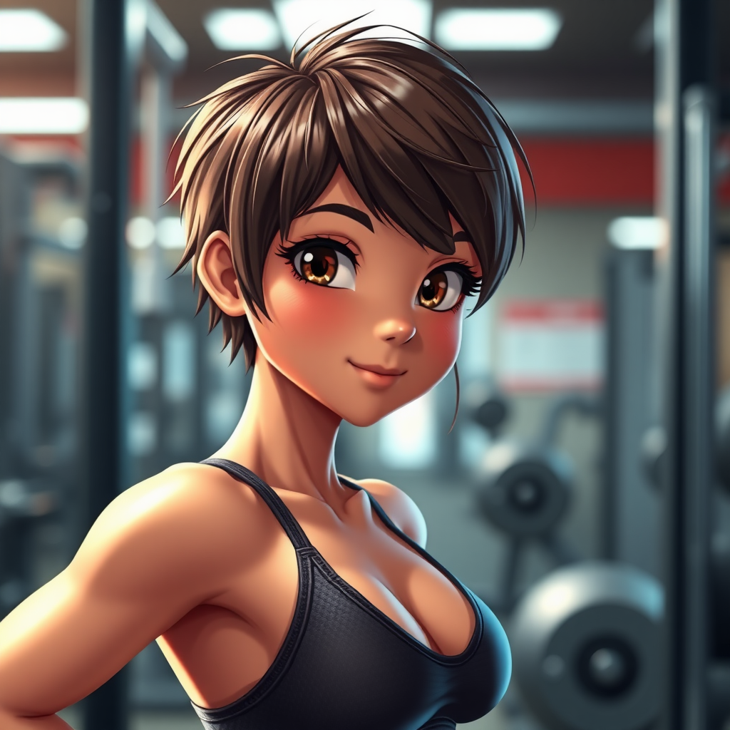 Animated porn style image, cute fit brunette girl, short hair, gym, sweaty, highly detailed, masterpiece, professional photo, extreme details, high resolution, hdr