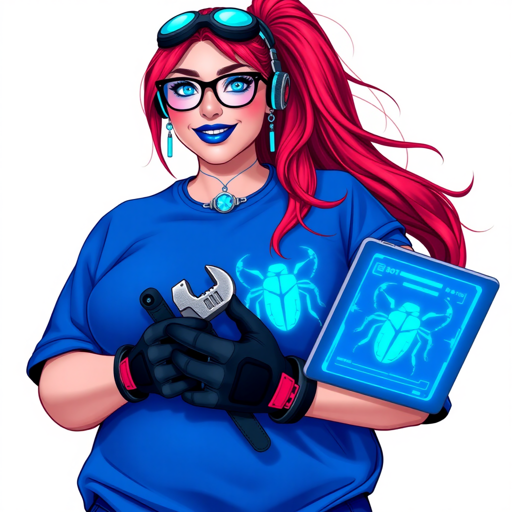 An intelligent and tech-savvy 29-year-old computer hacker and tech genius. She has a long ruby red ponytail. She wears maximum blue lipstick, blue eyes, a sapphire beetle gemstone necklace, sapphire earrings, black eyeglasses, hi-tech power gloves, and an oversized maximum blue t-shirt featuring a neon blue glowing beetle chest icon. She has a gargantuan full-figured physique with a prominent round gargantuan midsection, reflecting her well-cared-for lifestyle. She sports a sapphire headset with a hi-tech maximum turquoise lensed HUD, and a beaming smile accentuated by a passionate neon red blush. She serves as his tech expert from his hideout, holding a futuristic tool wrench and a futuristic digital tablet. The background is solid white. She is drawn as if she was in a retro 2D cyberpunk fighting game.