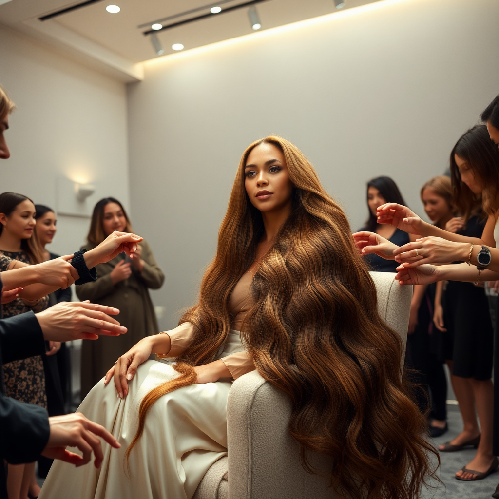 In an elegant, sunlit salon, adorned with soft, minimalistic decor, the stunning Beyoncé sits gracefully in a plush chair, her incredibly long, luxurious hair cascading like a flowing waterfall of silk down her shoulders and past her waist. The gentle glow of overhead lights highlights the rich, deep hues of her hair, each strand reflecting the brilliance of the space around her. 

As an interactive long hair fetish performance art exhibit unfolds, curious visitors gather around, their eyes alight with fascination and excitement. Some eagerly reach out, gently grasping her hair between their fingers, feeling the smooth texture slip through their hands, while others playfully tug at it, testing the boundaries of their interactions. Each movement is accompanied by a symphony of soft gasps and murmurs of appreciation, enhancing the atmosphere of intimacy and connection.

The background is a simple, unobtrusive gray, allowing the artistry of the moment to take center stage. The air is charged with a sense of wonder and exploration, as visitors not only admire Beyoncé's hair but also engage in this tactile experience, deepening their understanding of the artistry behind her presence. Her expression is a mixture of serenity and playful engagement, reflecting her comfort and trust in this unique performance, ultimately creating a captivating scene where art and audience intertwine seamlessly.