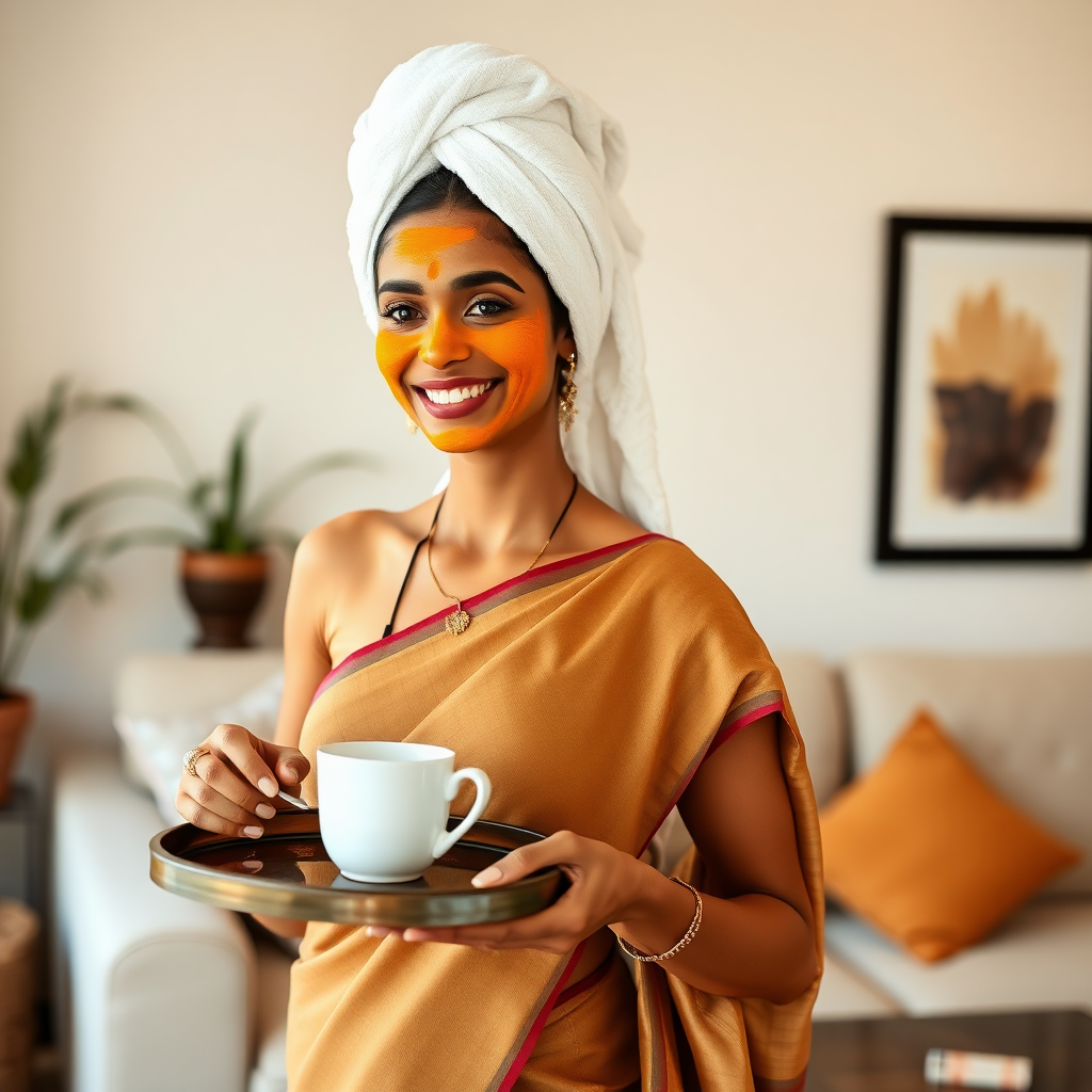 slim, 30 year old, indian Bride, towel head, turmeric face mask, saree. She is smiling and serving coffee on a tray in living room.