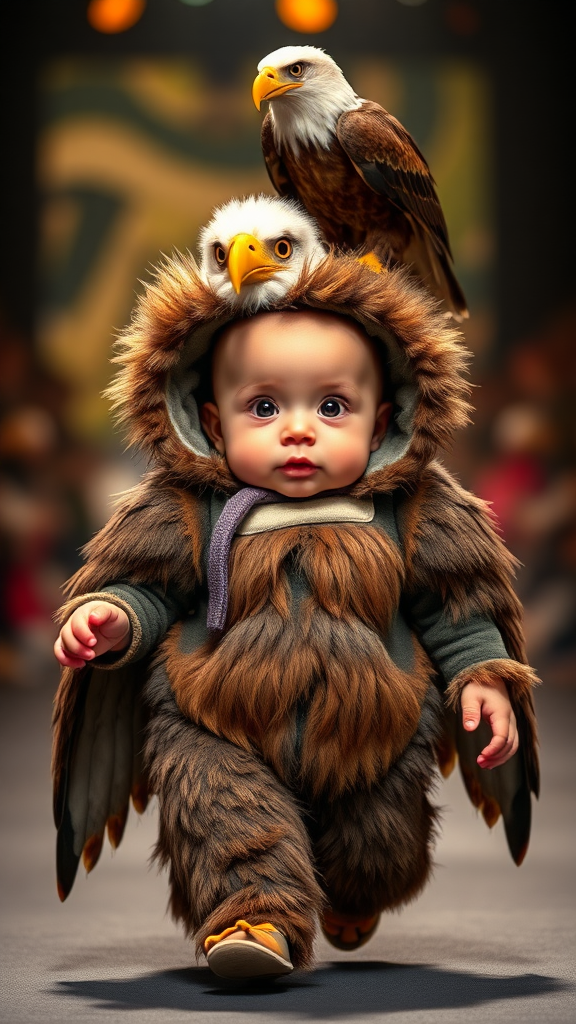 A cute small chubby fair baby with big eyes, pink lips, and pink cheeks wearing a furry cozy eagle costume doing a ramp walk in a fashion show, walking with a real eagle, a cinematic eagle sitting on the baby's head.