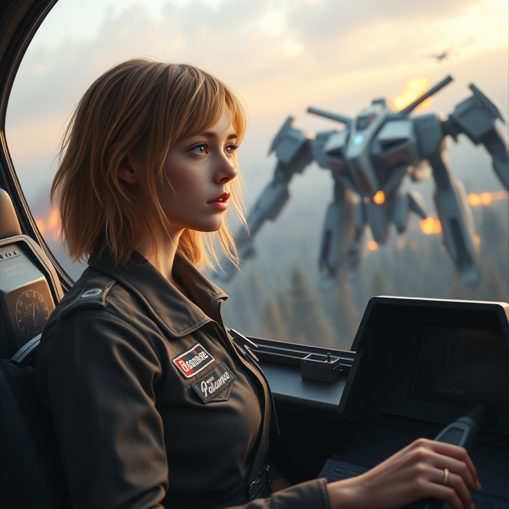 A girl with a face like (Ana de Armas), pale, no makeup, messy shoulder-length strawberry blonde hair, athletic, wearing a flight suit, "Benaenae" badge on the pocket. She is in a mech cockpit looking calmly out the window while working the controls. There is an intense battle in the background between giant robots twice the height of trees of a forest on fire. Hyperrealistic, dawn, film grain.