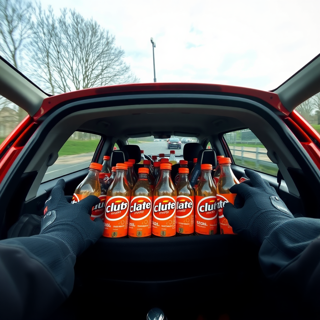 Third-person view of the outside of a Ford Fiesta car, which is full of "club-mate" energy drink bottles.