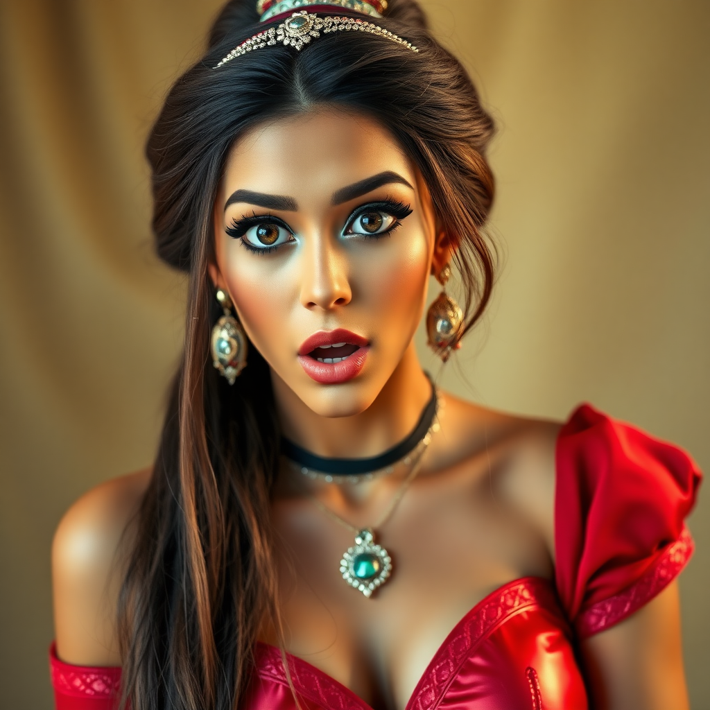 surprised Arabian girl with mouth open. She has very large eyes, black eyeshadow, black eyeliner, fake eyelashes, very tanned skin, very long hair. very high ponytail, princess jasmine, red off shoulder shinny crop top. photo realistic